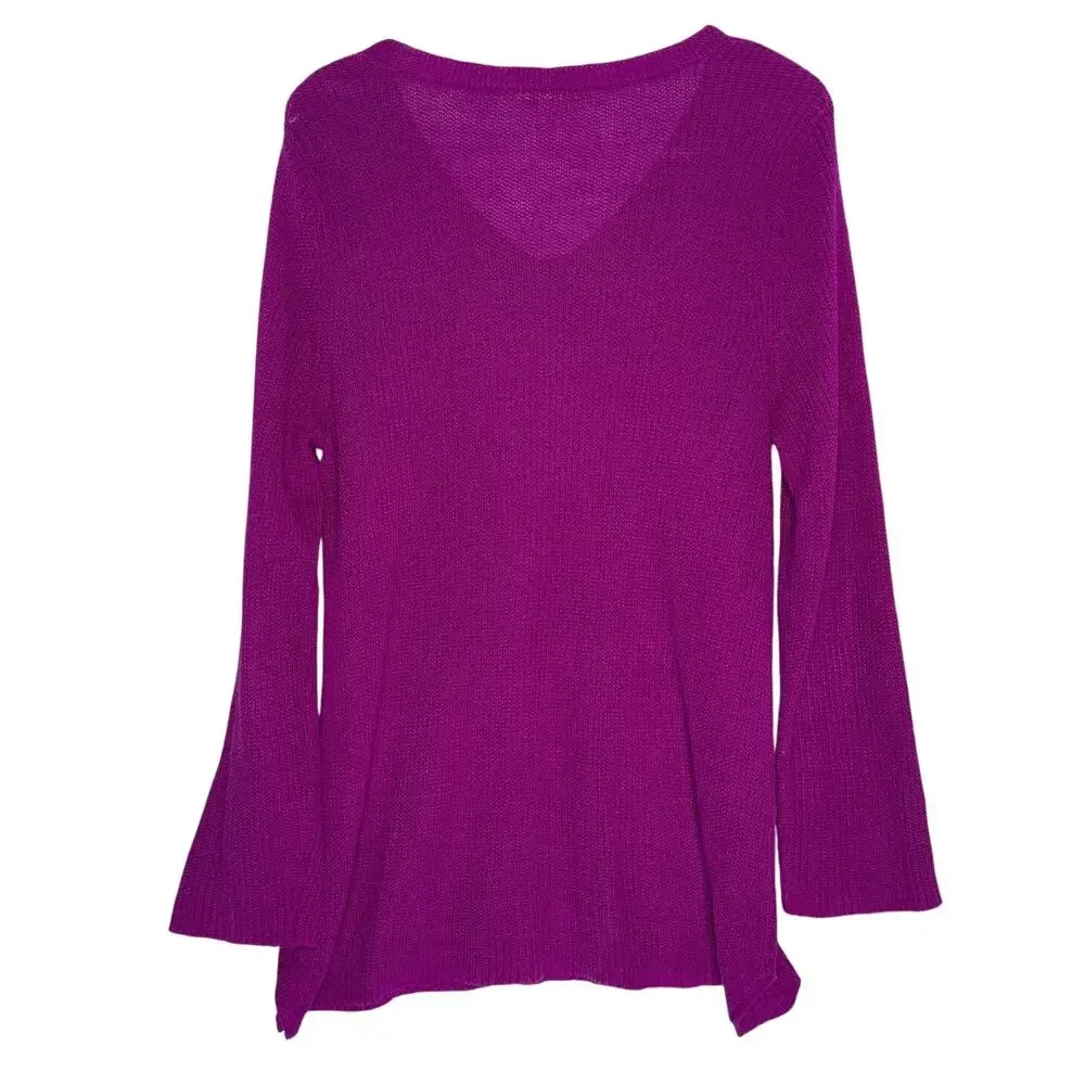 Eileen Fisher L Womens V Neck Boxy Sweater Fuchsia Plim 100% Linen